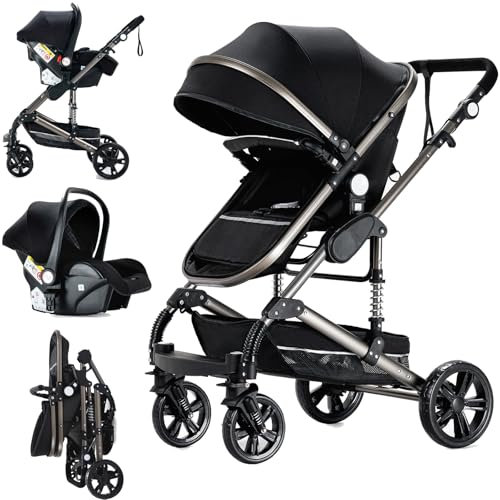 Doraystar Kinderwagen 3 in 1, Kombikinderwagen 3 in 1 mit Zwei Umkehrbaren Schiebemodi, Kinderwagen Komplettset mit Ein-Klick-Faltdesign, Rahmen Aluminiumlegierung (739 Black)