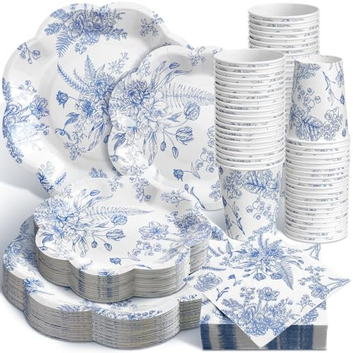 Newtay Juego de 250 platos y servilletas desechables florales azules y blancas, para 50 invitados, platos de papel desechables, servilletas, vasos para bodas, despedidas de soltera, suministros de