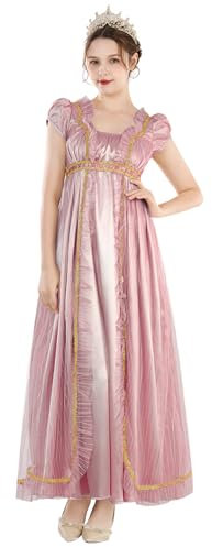 CR ROLECOS Robes Regency pour femmes - Robe de l'ère régence rose - Taille empire - Robe de thé avec gants - Taille XL