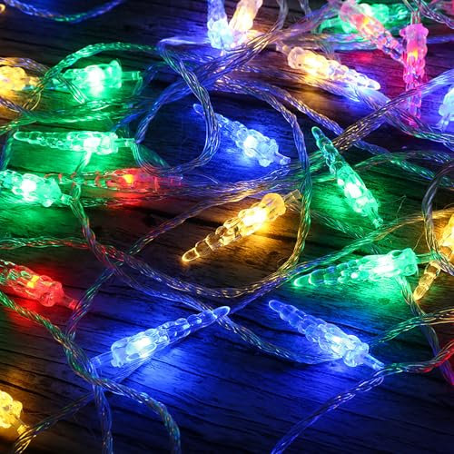 DINOWIN LED Eiszapfen Lichterkette 19.68FT 40LED Batteriebetriebene Wasserdicht Lichterkette für Innen Außen Balkon Terrasse Garten Partys Weihnachten Hochzeit (Vielfarbig)