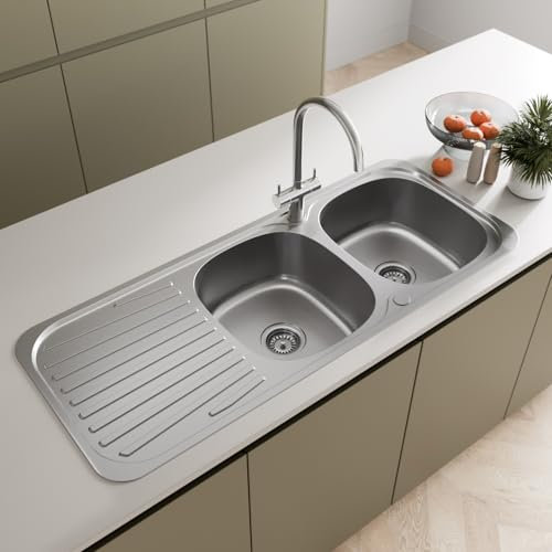 SÄUBER® 1180 x 480mm Stainless Steel Kitchen Sink Double 2 Bowl Inset Drop in Installation, Left Hand Drainer, 18/8 Grade Steel Sinks, Free Basket Strainer Waste