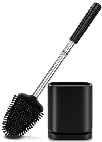Braoses Flache Toilettenbürste mit Halter, Edelstahl-Silikon-Hocker-Halter-Set mit Wandhalterung für Badezimmer-Gäste-WC (Schwarz)