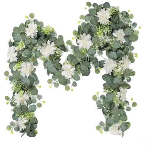 Snowchecking Künstliche Eukalyptus-Blumengirlande, weiße Dahlie, Seide, Blumengirlande für Hochzeit, Party, Tischläufer, Dekoration, 180 cm, 2 Stück