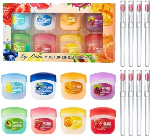 8 Stück Lippenbalsam, Feuchtigkeit Lippenbalsam, Fruchtiger Lippenbalsam-Set, Hydrating Lip Balm mit 8 Silikonpinsel, Lippenpflege Set gegen Trockenheit Rissige Lippen Lippenfältche