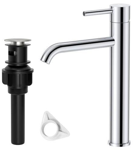 DAYONE Tall Basin Taps with Pop Up Waste, Chrome High Rise Bathroom Sink Tap for Countertop Basin, Single Lever Bathroom Tap with Drain, Cloakroom Faucet with Hot & Cold Hoses, SUS304 Stainless Steel