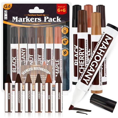 G4GADGET Furniture Repair Kit – 12 PCS Wood Touch Up Markers & Crayons (6+6) – Marker Pens for Scratches, Scuffs & Wood Restoration – Quick & Easy Furniture Fix Set