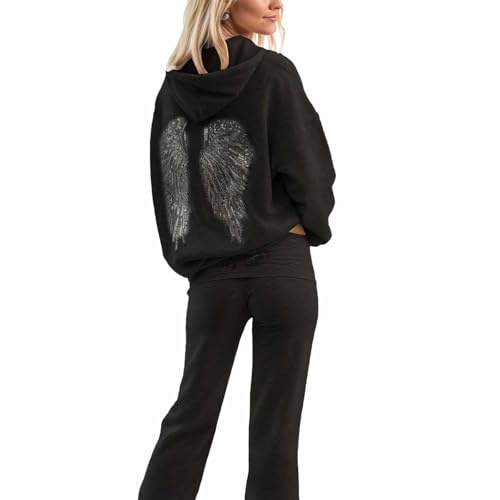 Genérico Tuta Donna Set Casa 2 Pezzi Felpa con Cappuccio e Pantaloni della Tuta con Ali di Angel Brillanti Elegante Set Comodo Tempo Libero Streetwear Allenamento