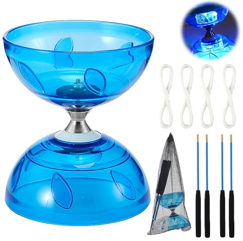 SKIKHN LED Diabolo Freiläufer mit kugellager,3 Lager Diabolo mit Stöcken Und Schnur,Anfänger Jonglier-Set Geschenk,mit 2 Paare Handsticks+4 Ersatzschnur Kit,für Innen- und Außenbereich (Blau)