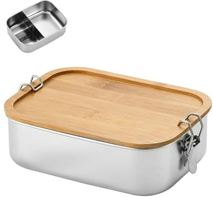 Xusxes Edelstahl Brotdose mit 3 Fächern 1200ml, Bambusdeckel | Lunchbox Edelstahl 304, Auslaufsichere Metall Brotdose für Büro, Schule und Ausflüge, Spülmaschinenfest