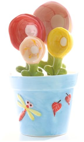 Ceramic Measuring Spoons, 4PCS Flower Shaped Baking Spoons with Decorative Pot, 1tbsp & 1/2 & 1/4tsp, Blue