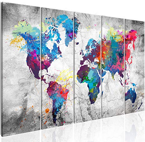 B&D XXL - Leinwandbilder Weltkarte Leinwand Bilder 225x90 cm Vlies Leinwandbild 5 Teilig Kunstdruck modern Groß XXL Wanddekoration Wandbild Wand BIld - Abstrakt bunt Landkarte Reise k-A-0179-b-p