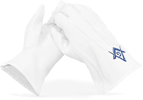 THE MASONIC COLLECTION - Weiße Lederhandschuhe in L-Größe - Mit königsblauem Quadrat und Zirkel Design - Freimaurer G-Logo - Freimaurer Geschenke für Männer