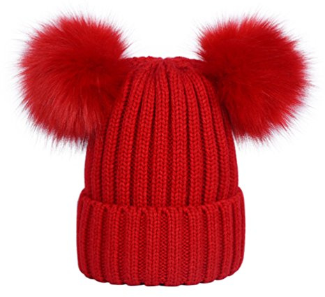 LAUSONS Warme Wintermütze für Damen Beanie Mützen Gerippte Strickmütze mit doppeltem Kunstfellbommel