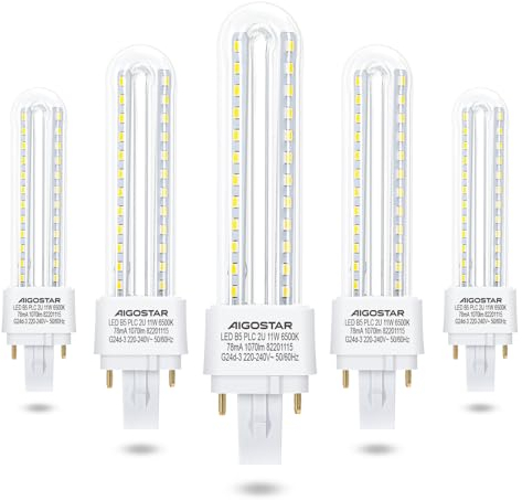 Aigostar - Pack de 5 Bombillas LED PLC 2U, tubo de 11 W Maiz G24d-3, 2 Pines, Luz fría 6500K, 1070Lm, No regulable