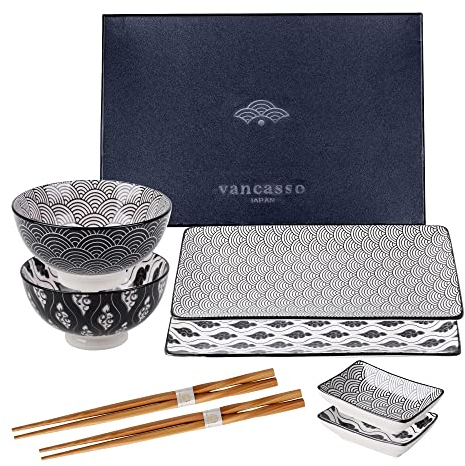 vancasso HARUKA Sushi Set, Porzellan japanische Ess Service, 8-teilig Geschirr-Set für 2 Personen,Beinhaltet Sushi Teller, Schalen, Soßenschälchen und Essstäbchen