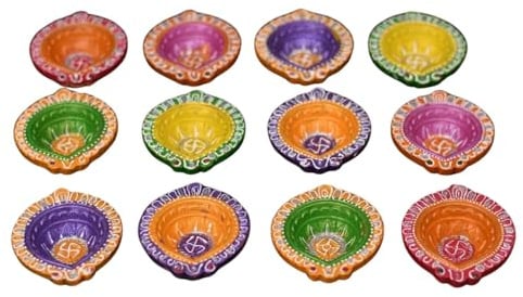 Collectible India Clay Diyas Diya Deepak Earthen sortiert, bunt, Set mit 12 verschiedenen Farben
