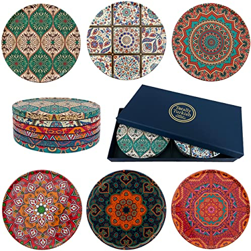 Totally Turkish – Patterned Drink Coasters Set of 6 – Giftable Design Drinks Mat Set – Non-Scratch Top & Non-Slip Cork Base (Bomonti)