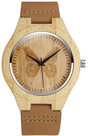 MicLee Herren Damen Unisex Bambus Schmetterling Muster Holzuhr Analog Quarzwerk Armbanduhr mit Lederband Für Frauen Männer Geschenke