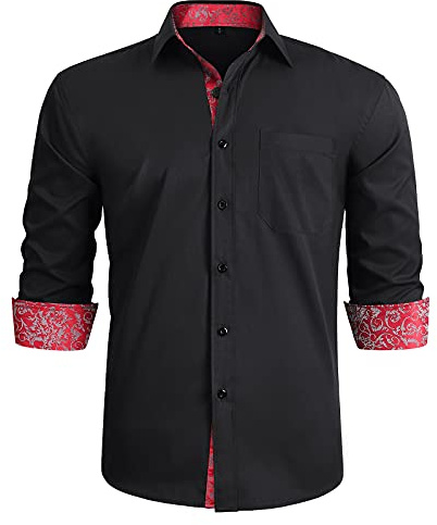 HISDERN Black Red Dress Shirt for Men Formal Classic Button Down Long Sleeve Collar Regular Fit Business Wedding Party Casual Shirts