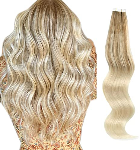 ABH AMAZINGBEAUTY HAIR Balayage Tape in Hair Extensions Human Hair, Invisible Double Sided Skin Weft, 50G 20 Pieces, Platinum Ash blonde with Ash Brown B8-60, 22 Inch