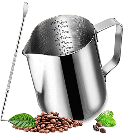 20 oz Milk Frothing Pitcher, 304 stainless steel 600ml milk can coffee frothing cup with art deco pen milk jug coffee cup used to make cappuccino latte