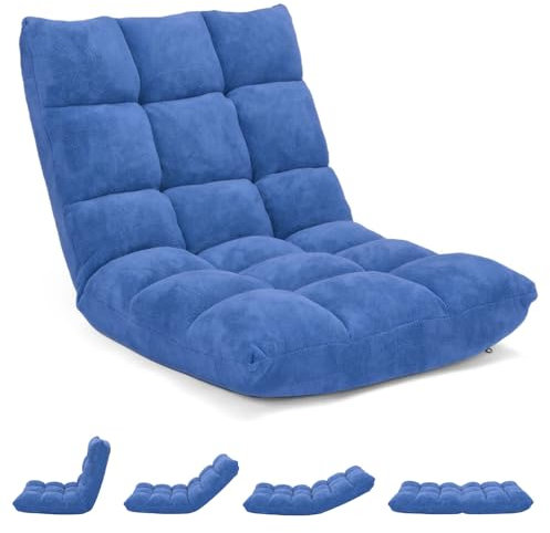 GOPLUS Chaise de Sol Pliante, Fauteuil Convertible Réglable à 14 Niveaux, Fauteuil Paresseux avec Velours Corail Confortable, Chaise de Méditation Rembourré, 105 x 56 x 15CM (Bleu)