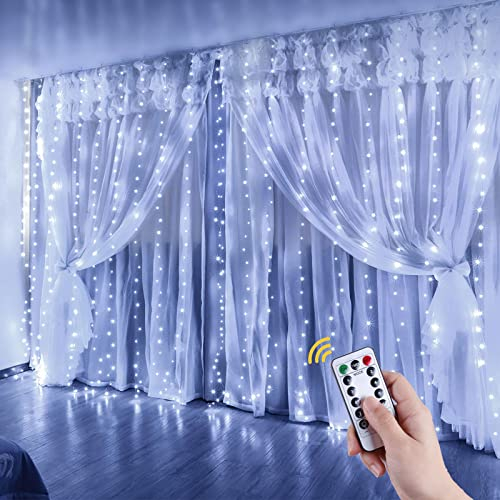 Anpro Lichtervorhang 3m x 3m ,300 LEDs USB Lichterkette LED Lichterkettenvorhang mit 8 Modi für Partydekoration deko schlafzimmer, Innenbeleuchtung, Kaltes Weiß