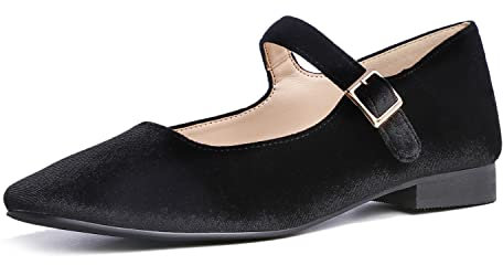 Feversole Women's Square Toe Mary Jane Fashion,Punta Quadrata Easy Buckle Tacco Basso Slip On Flats in Pelle Vegana Nera Taglie 38 EU