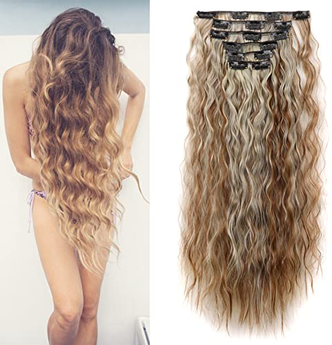 Cybelleza 50cm Clip in Extensions Haarverlängerung Haarteil wie Echthaar 6 Tressen Gewellt Günstig Haarverdichtung Lockig Wavy Curly Haarextension Synthetische Haare für Frauen, Hellbraun & Blond