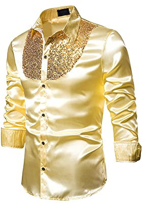 YILEEGOO Men's Shiny Satin Sequins Button Up Dress Shirts Long Sleeve Slim Fit Disco Party Prom Wedding Shirts Costume (Gold, S)