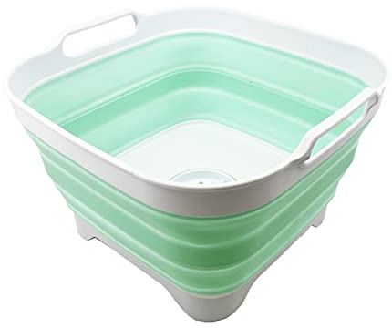 SAMMART 10L (2.64 Gallon) Collapsible Dishpan with Draining Plug - Foldable Washing Basin - Portable Dish Washing Tub - Space Saving Kitchen Storage Tray (White/Pale Jade)