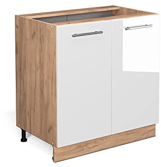 Vicco Spülenunterschrank Fame-Line, Weiß Hochglanz/Goldkraft Eiche, 80 cm mit Regal, ohne Arbeitsplatte