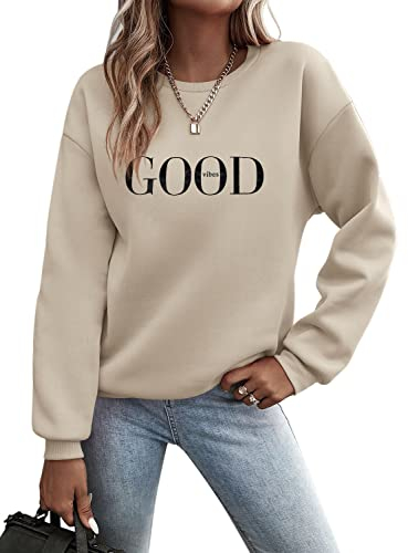 Minetom Pullover Damen Sweatshirt Briefe Drucken Langarm Rundhals Pulli Herbst Winter Frauen Buchstaben Druck Locker Casual Oberteil Sport Streetwear Sweatshirts ohne Kapuze Bluse Tops A Beige XL