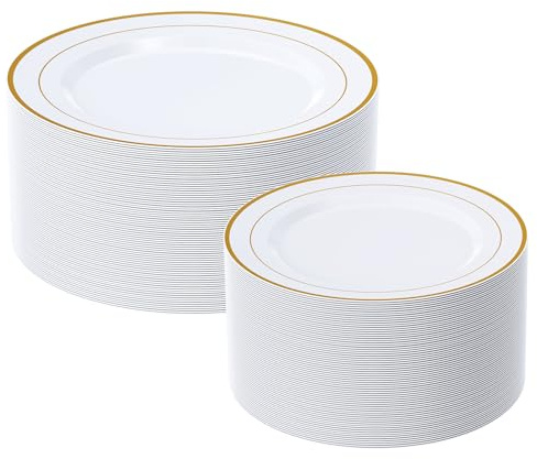 FOCUSLINE Gold Plastic Plates Set of 60, Disposable Plates with Gold Rim 30 Dinner Plates 10 and 30 Salad Dessert Appetizer Plate 7, Elegant Fancy Heavy Duty Wedding Party Plates