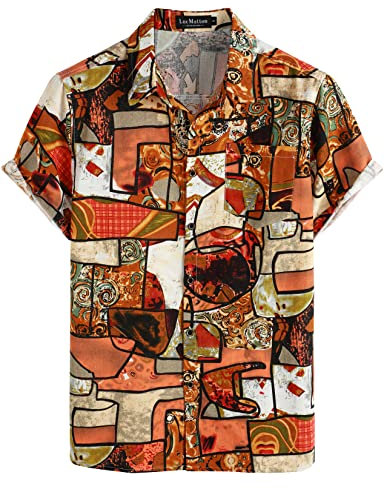 LucMatton Men's Casual Linen Breathable Short Sleeve Button up Shirt Summer African Pattern Hawaiian Beach Tops Orange XXX-Large