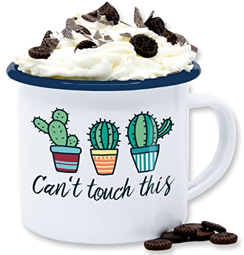 Emaille Tasse Blechtasse - Statement Sprüche - Can't touch this - 300 ml - Weiß Blau - mit spruch kaktus sprueche sarkasmus sprüche, spruechen sprüchen