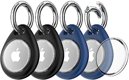 Biuupa 4 Pièces Porte-Clés pour Apple AirTag 2021 - Étui TPU Anti-Perte/Anti-Chute avec Couvercle Frontal 360° - Coque pour GPS, Sac à Dos et Animaux - Noir+Bleu