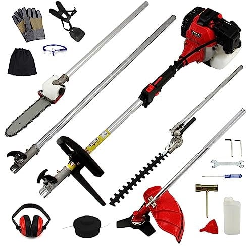 Multiherramienta 5 en 1 Sin Cables Largo Alcance Multifunción Cortasetos Bordeadora Motosierra Podadora Cortacésped Desbrozadora Poste Extensión Cuidado de Jardín Motor 2 Tiempos 52cc 3CV 9000RPM+EPI