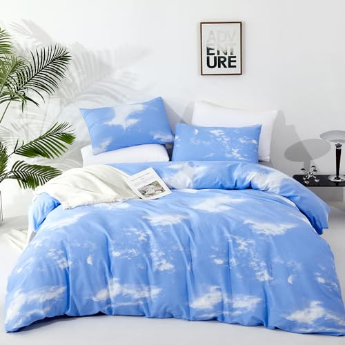 CLOTHKNOW Blue White Sky Bettwäsche-Set in voller Größe, 3-teilig, blaue Bettdecke, hellblaue Bettdecke mit 2 Kissenbezügen
