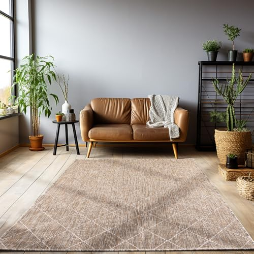 HomebyHome Outdoor Teppich Wetterfest 120x170 cm Sisal Optik Beige Rauten Design Rechteckig - Balkon Teppich Wasserfest Küchenteppich Außenbereich Teppich für Terrasse Garten Balkon