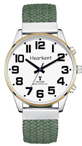 Sprechende Uhr mit Deutscher Stimme und großen Zahlen, Selbsteinstellend für Sehbehinderte,Blinde oder Senioren Armbanduhr, Herrengröße (Nylon Grün)