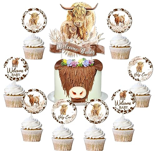 Highland Cow Baby Shower Cake Decorations Boho -Highland Cattle Cake Topper, Cupcake Toppers, Wild West Cowboy Cowgirl Baby Shower Party Supplies