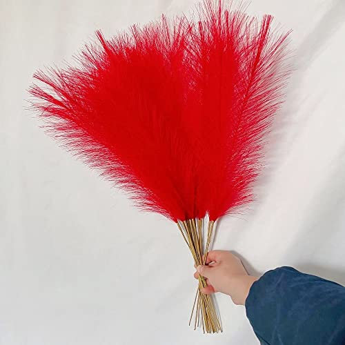 Lot de 10 fleurs artificielles, décoration de fête de mariage, herbe de la pampa moelleuse, plantes artificielles pour fête de mariage (rouge)