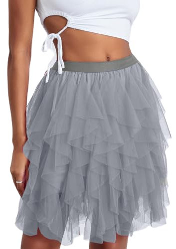 Geagodelia Damen Tüllrock Kurz Elegant Minirock Sommerrock Vintage Tütü Tutu Mini Tüll Rock Halloween Karneval REH Kostüm One Size 34/36/38 F-44436 (A - Blau Grau)