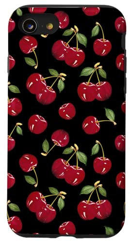 iPhone SE (2020) / 7 / 8 Cute Cherry with Green Leaves, Jet Black Background Case