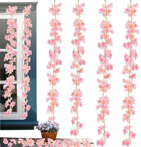 TREABEAR Kirschblüten Blumenwand Kunstblumen,4PCS Blumengirlande deko, 1.8m Kunstblumen Hängend, Cherry Blossom Kunstblumen Girlande, Blumen Girlande Frühlingsgirlande für Traubogen Hochzeit Wand Deko