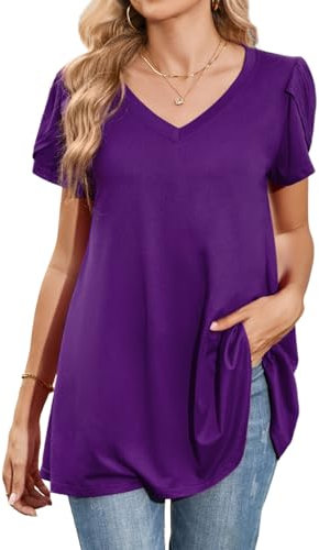 Enmain Camicia Donna Manica Corta Viola Camicette Estiva Scollo a V Maglietta vestibilità Ampia Elegante Casual T Shirt Blusa Manica Corta Donna Taglie Forti M