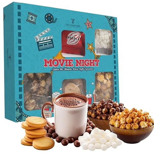 Movie Night Hamper Snack Box, Movie Night Snacks, kids sweets Sweets Gift Box With Chocolates, Hot Chocolate, Mini Marshmallows, Chocolate & Caramel Popcorn, Butter Biscuits, Gifts For Her |Women |Him