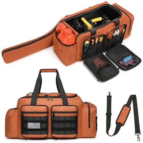 SLINRKE Chainsaw Carrying Case - Tactical Style Waterproof Chainsaw Storage Bag Compatible with EGO, Dewalt, Greenworks 14 & 16 & 18 Inch Power Chainsaw & Accessories, Bag Only (Orange)