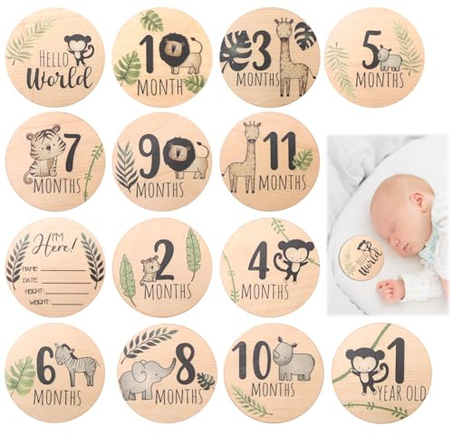 7 tarjetas mensuales de hito para bebé de madera de doble cara, letreros de 1 a 12 meses, placas de nombre y nacimiento para baby shower, registro de crecimiento, accesorio para fotos